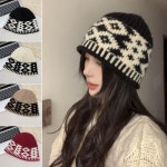 방한 눈꽃패턴 니트비니 겨울모자 버킷햇 벙거지모자