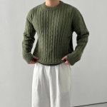 에이치베이직 워머 꽈배기 스판 케이블 라운드 루즈핏 니트