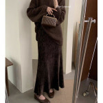 벨벳 스커트 여 가을 하이웨스트 골덴 플리츠 반치마 미디 머메이드 힙업 롱스커트 J0220