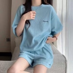 옷자락 여성 키치무드 와플 자수 루즈핏 반팔티 반바지 세트