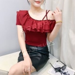 라인댄스복 상의 프릴 오프숄더 티셔츠 러플 라틴 줌바 벨리복 사교 댄스 의상 적포도주 L