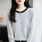 델문도 여자 가을 가디건 카디건 울 라운드 니트 긴팔 배색 상의 DOS3