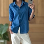 여성 여름용 얇은 파란색 코튼 반팔 셔츠 워터밤