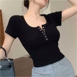 여자 헨리넥 버튼 U넥 3컬러 크롭 슬림 베이직 티셔츠 반팔티