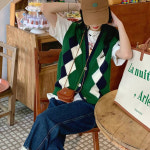 마켓에이 여성용 아가일 패턴 캐주얼 니트 조끼 그린 T24FW3-A0932