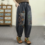 여성 청바지 가을 겨울 빈티지 자수 데님 팬츠 캐주얼 도톰 배기 바지 WMY