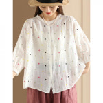 해피유통 여름 컬러 도트 자수 셔츠 캐주얼 얇은 면마 블라우스 SHM003