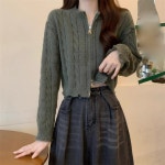 VVRR 여성 빈티지풍 트위스트 니트 날씬해 보이는 스탠드 칼라 지퍼 크롭 니트 카디건 다크 Z0101720