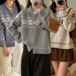여성 노르딕 패턴 니트 집업 도톰한 가디건