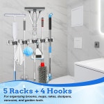 2팩 헤비 듀티 벽 마운트 빗자루 홀더 - 5개의 랙과 4개의 후크 정리함이 스테인리스 스틸 차고 세탁 주방용 자동 접착식 또는 나사식 걸레
