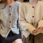 여성 하트 단추 라운드 넥 겨울 니트 가디건
