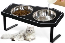 고양이 사료 그릇 고딕 미끄럼 방지 스탠드 나무 보드가 실내 스테인리스 스틸 수염 친화적인 Cat Bowls x2