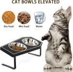 고양이 사료 그릇 고딕 미끄럼 방지 스탠드 나무 보드가 실내 스테인리스 스틸 수염 친화적인 Cat Bowls x2