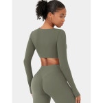 여레오 롱 슬리브 크롭탑 여성용 아간타 딥 브이 넥 루즈 패딩 운동 짐 크롭 티셔츠 상의 엄지 구멍 Army Green X-Small