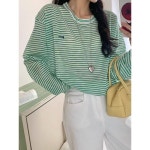 마미스헬퍼 라운드넥 단가라 오버핏 레터링 자수 니트 티셔츠 21DSWKN4387