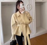 겨울 프렌치 고급스러운 싱글 스트랩으로 허리를 여미고 작은 키의 긴팔 트위드 코트 여 J0321