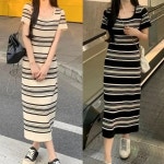 여리핏 스트라이프 골지 니트 롱원피스 반팔