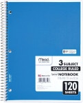 ACCO BRANDS 미드 스파이럴 노트북 3과목 대학 논문 8 x 11 120장 색상은 다양합니다 Standard 820394-25