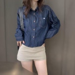 여성용 키치무드 탄탄면 포켓 오버사이즈 크롭 데님 셔츠 CHH4171