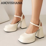 ANOVISHANA 디자인 여성용 펌프 라운드 토 블록 하이힐 10 플랫폼 버클 스트랩 스위트 걸스 데 슈즈 플러스 사이즈 43 Bla US4 EU35 22