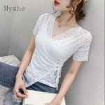 Myshe 여성 브이넥 반소매 티셔츠 슬림핏 반팔 레이스 블라우스 cd8 KOBO7H