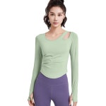 여성 긴팔 상의 컵 손가락 구멍 티셔츠 스판 트레이닝 쇄골 디자인 땀 흡수 속건 통기 흔들림 없이 피트니스 트레이닝 요가 녹색 M A0067