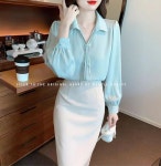 프렌치 브이넥 긴팔 셔츠 여 루즈핏 날씬해 보이는 오피스룩 겉옷 터틀넥 쉬폰 상의 J0430