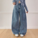 플랜데이 여성용 숏 미디움 롱 기장 에즈 절개 워싱 와이드 데님 팬츠 연청 롱2XL