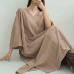 여성 스트라이프 브이넥 팔꿈치 소매 롱 원피스 KSO5975