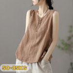 UNIQUEZON 여성 여름 린넨 민소매 나시티 면마 상의 티셔츠 카키 63-70KG