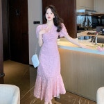 DFMEI 프렌치 엘레강스 슬림해 보이는 브이넥 스트링 머메이드 플라워 원피스 핑크색