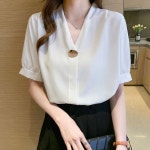 해피유통 여성 봄여름 루즈핏 반팔 브이넥 블라우스 gdwx 흰색