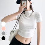 라이크위너 힙한 여성 반목 스판 반팔티 크롭 하프넥 슬림 면 티셔츠 S