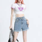 하늘 하이웨스트 투버튼 데님 반바지 F922W313