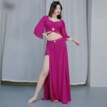 댄스복 밸리댄스 큐빅 밸리댄스복 여성 롱 치마 망사 공연복 세트 무대 공연 의상 보라핑크 M DC075