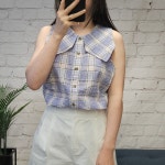 GANNI 시어서커 체크 슬리브리스 셔츠 F7075