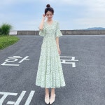 여름 여성 반팔 잔꽃 원피스 쉬폰 롱 브이넥 하이웨이스트 원피스 그린