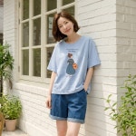 퀸담 여성용 여름 커버핏 캐릭터 라운드넥 루즈핏 반팔 티셔츠 600014
