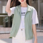 ROYALBELLE 여성 중년 얇은 방풍 캐주얼 지퍼 심플 카라 자외선 조끼 녹두색 L F0031603
