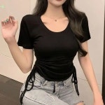 여자 셔링 스트링 유넥 반팔 티셔츠 크롭티 데일리룩 여성티셔츠 여성반팔티셔츠