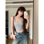 회색 네모난 칼라 나사 짧은 크롭 조끼 여하 슬림핏 날씬해 보이는 겉옷 탱크톱 매운 여자 낮은 칼라 민소