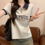 패션고리 여성 반집업 카라넥 캐주얼 알파벳 루즈핏 티셔츠 L H1142
