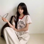 여자 데일리 스트라이프 도그 프린팅 루즈핏 면 반팔 티셔츠