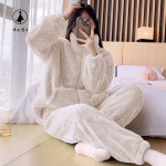 여성 극세사 보들보들 수면 잠옷 겨울 기모 도툼 플란넬 잠옷 파자마 홈웨어 상하의 세트 살구색