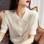 펀칭 여성 셔츠 카라 단추 티 여름 데일리 고급 니트