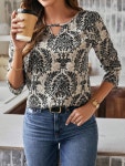 SHEIN 여성용 올오버 프린트 할로우아웃 칼라 셔츠 캐주얼