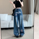 해피유통 여성용 청바지 와이드 팬츠 캐쥬얼 별 포인트 레터링 루즈핏 데일리룩 S