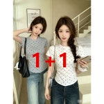 HANLIN 정장 반팔 캐주얼 라운드넥 편한 여름 1 1 도트무늬 ins 상의 티셔츠 J4684