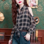PEROLA 여성 봄 여름 칼라 오프숄더 긴팔 셔츠 얇은 체크핏 오버핏 허리 스트링 통근 긴팔 셔츠 사진색
