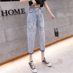 besteffie 여성용 데님 캐주얼 팬츠 9부 바지 자수 디자인 여름 워싱 팬츠 K51 L